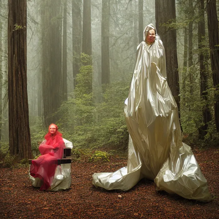 Image similar to a color photograph, closeup portrait of a woman wrapped in plastic, sitting in a plastic throne, in a foggy redwood forest, color photograph, by vincent desiderio, canon eos c 3 0 0, ƒ 1. 8, 3 5 mm, 8 k, medium - format print