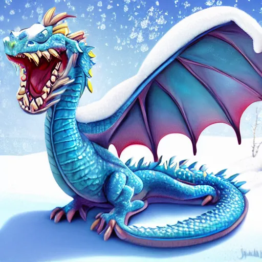 Prompt: HD, cartoon ,anthropomorphic, chubby female dragon , blue scales. playing in the snow