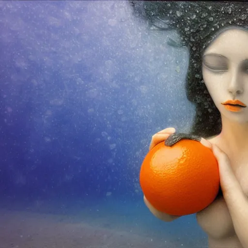 Image similar to rigorous underwater photography, deep depth of field by dorina costras. a sculpture of a young woman holding an orange