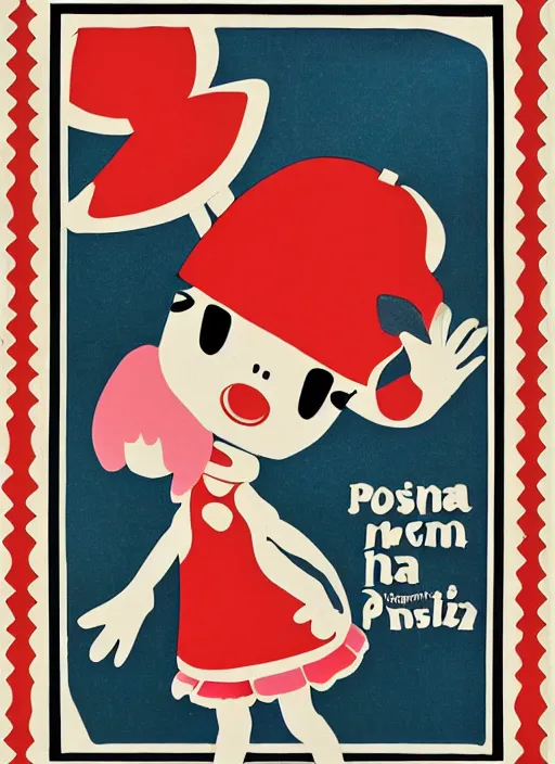 Image similar to Polish posters for Isabelle from Animal Crossing. Screen printed, silkscreen, paper texture. 1968