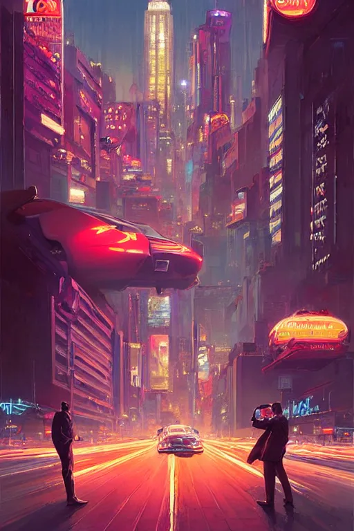 Image similar to four guys drove one into the gateway of the new york of the future, neon signs,, painting by greg rutkowski, j. c. leyendecker, artgerm