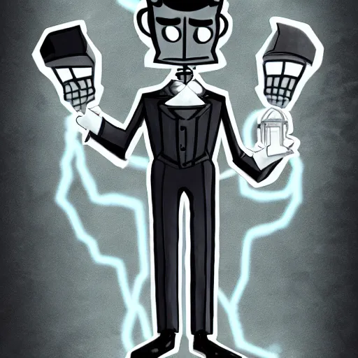 Image similar to nikola tesla as a cuphead boss on a level in the cuhpead style, level design, endgame boss, smooth, cinematic perspective, smooth, artstation, behance, deviantart