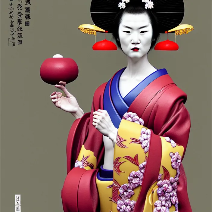 Image similar to ceramic cyborg geisha, ceramic armor with Kakiemon design with plums and stylized flowers in glaze and gilding, diffuse lighting, fantasy, intricate, elegant, highly detailed, lifelike, photorealistic, digital painting, artstation, illustration, concept art, smooth, sharp focus, art by John Collier and Albert Aublet and Krenz Cushart and Artem Demura and Alphonse Mucha