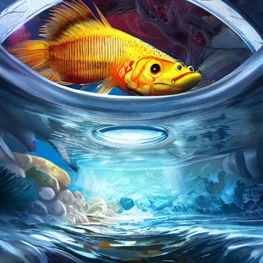 Image similar to A crazy fish in Alcatraz, stunning digital art, high detail, in the style of artgerm, artstation, cgsociety, dramatic lighting, pixar