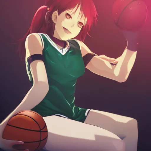 Image similar to Beautiful anime female basketball player leaning against a basketball in her room, anime key visual, lois van baarle, ilya kuvshinov, rossdraws, artstation