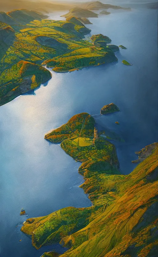 Image similar to nordic fjord, summer morning light, aerial view, beautiful landscape, cinematic light, soft illumination, cinematic composition, wide - angle, atmospheric, oil painting, trending on artstation