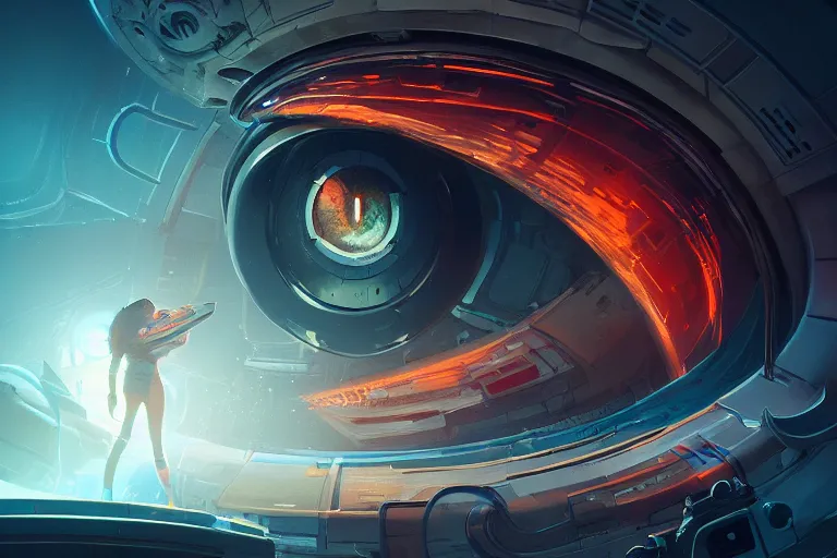 Image similar to portrait of a giant mechanical eye, cinematic lighting, abstract, glow, wlop, artgerm, dan mumford, artstation, octane render