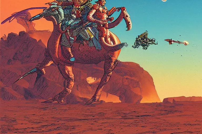 Image similar to beautiful amazons riding dinosaurs on mars against a backdrop of canyons, mercury rainbows in the sky and space fighters shooting, artwork by jean giraud