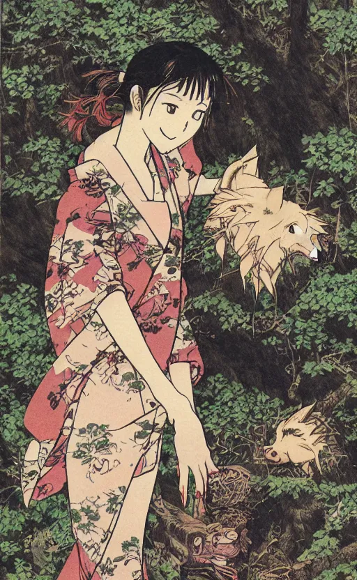 Prompt: by akio watanabe, manga art, a boar is curios about a girl with brown hair, in forest, trading card front, kimono, realistic anatomy, sun in the background