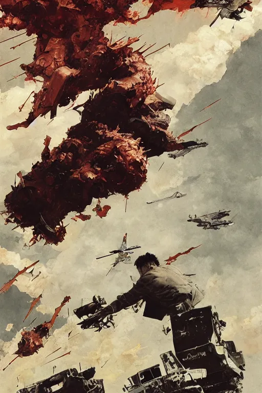 Prompt: full page illustration, tetsuo rips apart a russian jet fighter, Katsuhiro Otomo, Phil hale, Ashley wood, Ilya repin, frank frazetta, 8k, hd, high resolution print