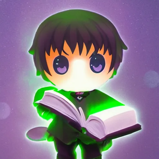 Image similar to cute fumo plush of a boy holding a large book of forbidden spellcasting, particle simulation, eerie glow, black and white with green lighting,