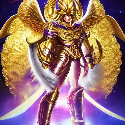 Image similar to A radiant, extreme long shot, photo of a 27-year-old Caucasian male wearing the Capricorn Gold Armor, Beautiful gold Saint, Jaw-Dropping Beauty, gracious, aesthetically pleasing, dramatic eyes, intense stare, immense cosmic aura, from Knights of the Zodiac Saint Seiya, inside the Old Temple of Athena Greece,4k high resolution, Detailed photo, Photoshopped, Award Winning Photo, Deep depth of field, f/22, 35mm, make all elements sharp, at golden hour, Light Academia aesthetic, Socialist realism, by Annie Leibovitz