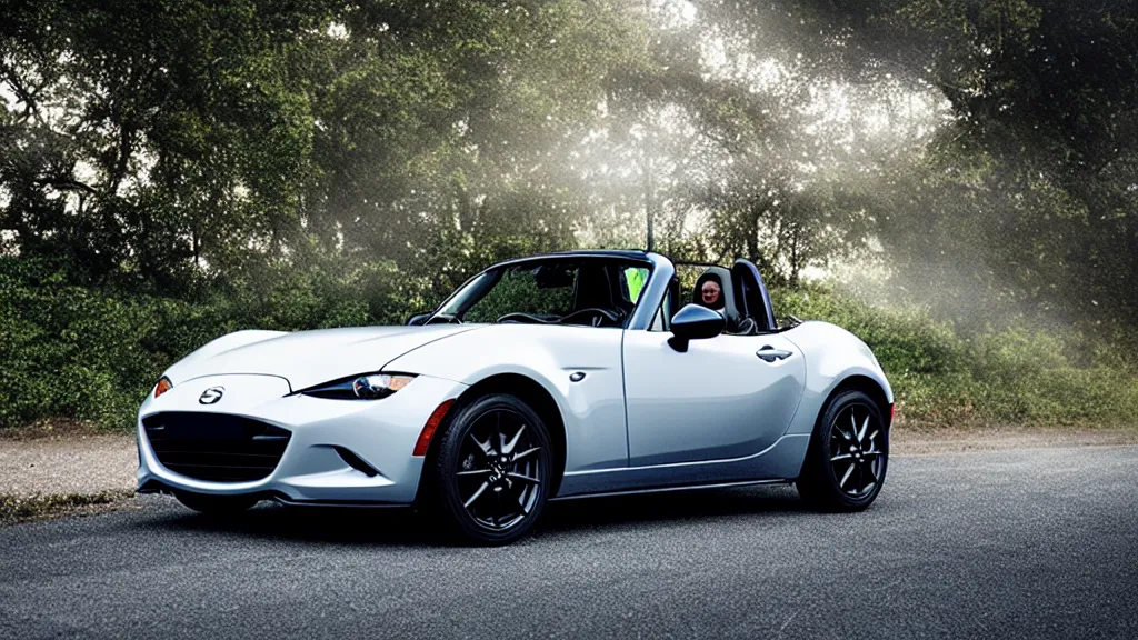 Image similar to a mazda mx - 5, white balance, 8 k, rim lighting, led, lumen global illumination, glowing, glow - in - the - dark, fog, ray tracing reflections