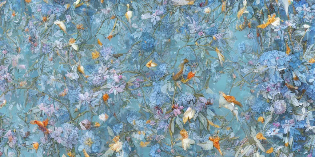 Prompt: breathtaking detailed concept art painting pattern of goddesses of light blue flowers with anxious piercing eyes and blend of flowers and fruits and birds, by hsiao - ron cheng and beto val and john james audubon, bizarre compositions, exquisite detail, extremely moody lighting, 8 k