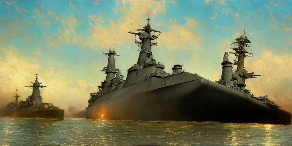 Image similar to detailed cinematic wide shot of world war 2 battleship, ultra realistic, spring light, painting by gaston bussiere, craig mullins, j. c. leyendecker.