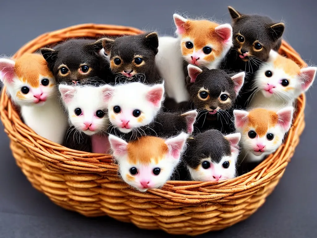 Image similar to a perfect photograph of a basket made of woven kittens, a horrifying concoction of craft, fur, legs and gratuitous nightmares
