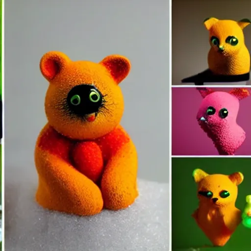 Prompt: colorful sugar sculptures of different cute animals