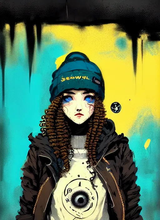 Image similar to highly detailed portrait of a sewerpunk student lady, blue eyes, hoody, beanie hat, black curly hair by atey ghailan, by joe fenton, by greg rutkowski, by greg tocchini, by kaethe butcher, gradient yellow, black, brown and cyan color scheme, grunge aesthetic!!! ( ( dystopian graffiti tag wall background ) )