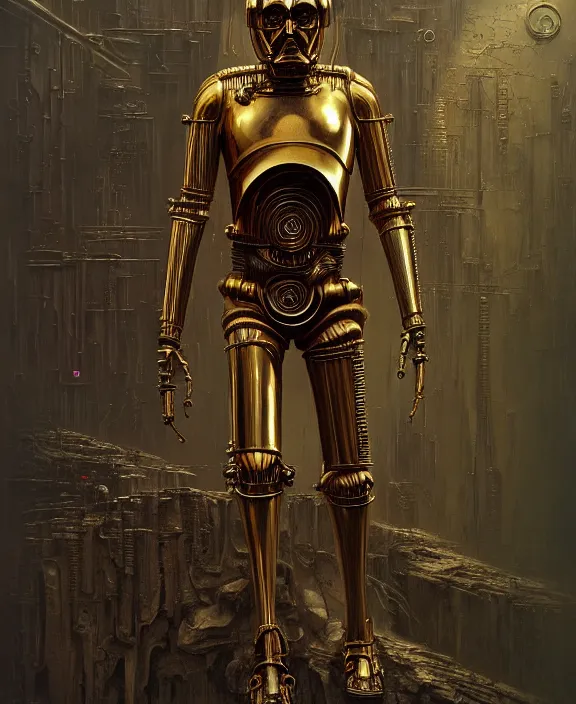 Image similar to demonic c - 3 po, by hr giger and beksinski and stephan martiniere, trending on artstation, 4 k resolution, detailed, high quality, hq artwork