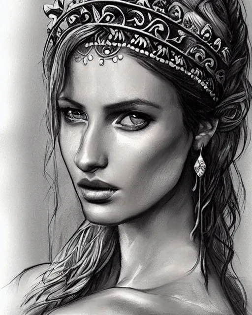 Image similar to realism tattoo sketch of anna jagodzinska as a beautiful greek goddess aphrodite with piercing eyes wearing a laurel wreath and triangle earrings, in the style of greg rutkowski, amazing detail