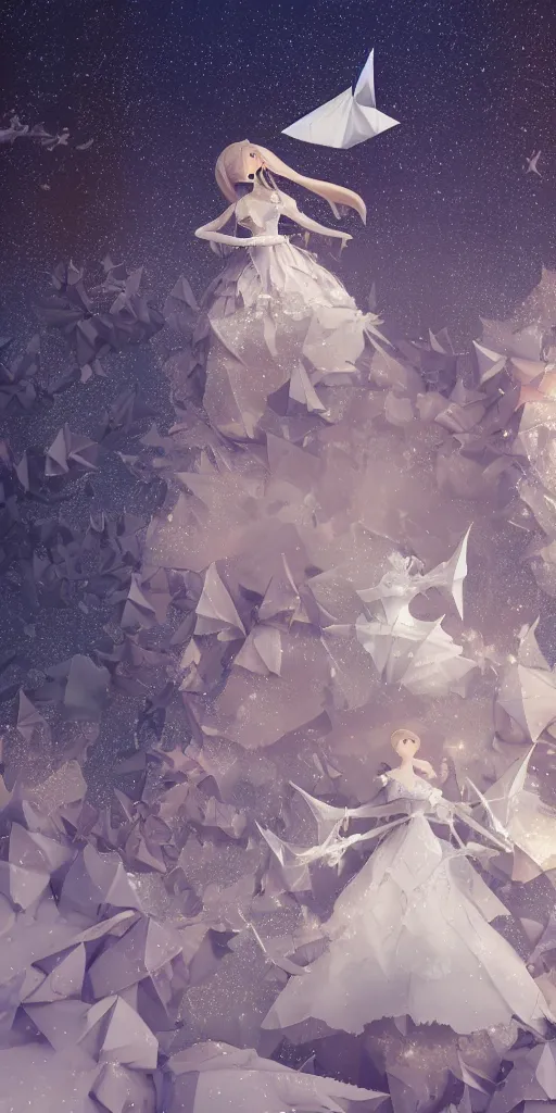 Prompt: background is a stary night sky, castle made of clouds, looking up towards an anthropomorphic space woman wearing a flowing paper couture dress with puffy leggings, paper stars, many origami birds, eery light, 3D, very detailed, octane render, trending ArtStation, artgem