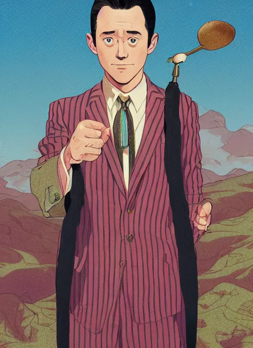 Prompt: artwork by Michael Whelan, Bob Larkin and Tomer Hanuka, of portrait of Joseph Gordon-Levitt wearing a 1920s red striped outfit, barbershop quartet costume, from scene from Twin Peaks, simple illustration, domestic, nostalgic, from scene from Twin Peaks, clean, full of details, by Makoto Shinkai and thomas kinkade, Matte painting, trending on artstation and unreal engine