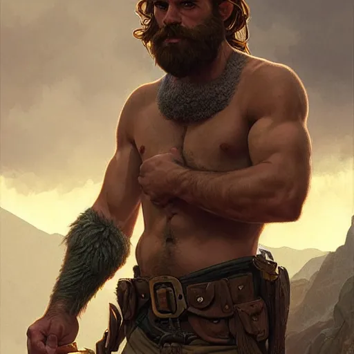 Prompt: portrait of a young rugged ranger, muscular, bust, hairy chest, D&D, fantasy, intricate, cinematic lighting, highly detailed, digital painting, artstation, concept art, smooth, sharp focus, illustration, art by Artgerm and Greg Rutkowski and Alphonse Mucha