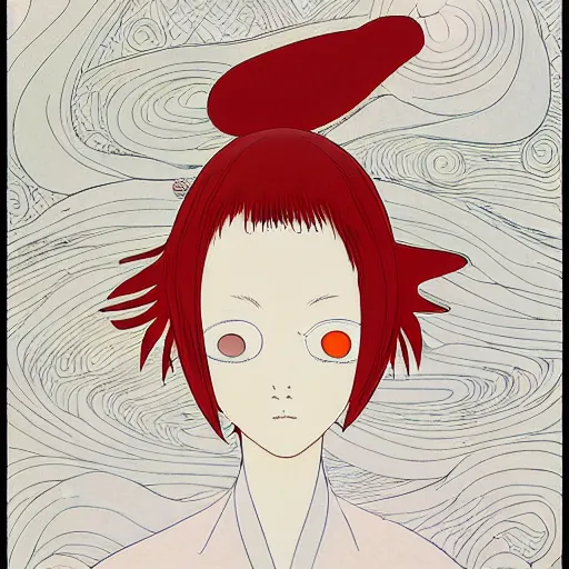 Image similar to prompt: Fragile looking flat colors portrait face drawn by Katsuhiro Otomo and Suehiro Maruo, inspired by Paprika anime, animation clean film, magical and alchemical objects on the side, soft light, white background, intricate detail, intricate ink painting detail, sharp high detail, manga and anime 2000