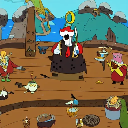 Image similar to The Pirate king dines on dragon hearts, his court of penguins cheer him on. in the style of Adventure Time by Pendleton Ward. The feeling is Raucous and Joyful.