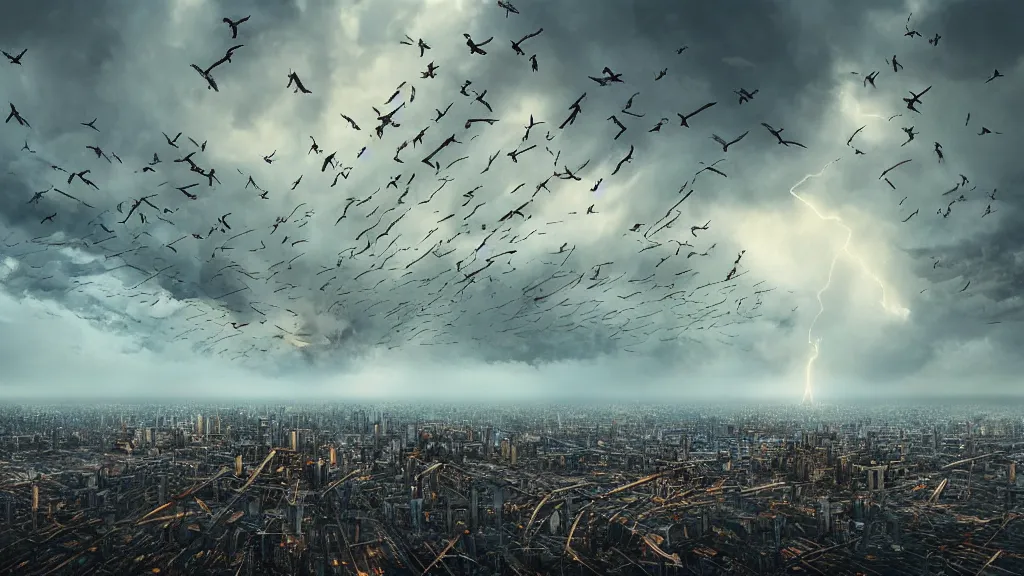 Prompt: a cinematic cityscape photograph of a dystopian future, flock of birds in the sky, a fiery cyber dragon flys in the sky, thunder and lightning, lee madgwick