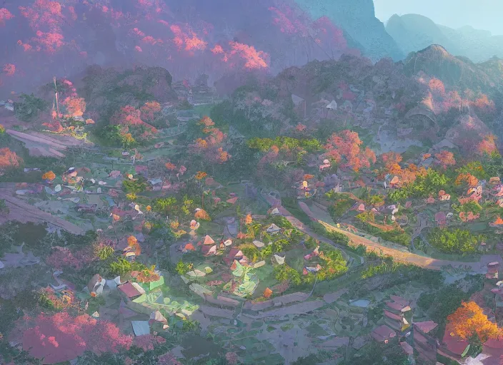 Image similar to concept art painting of a small woodland village in a valley seen from above, european japanese buildings, early morning, cel shaded, detailed, realistic, by makoto shinkai and moebius and anton fadeev and james gurney