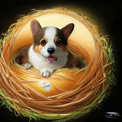 Prompt: concept art of a baby corgi emerging from an egg in a nest, art by anne geddes