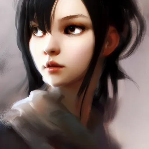 Image similar to a cute and beautiful girl by ruan jia, 8 k, closeup headshot, smooth, trending on artstation, black long hair, black eyes, movie poster style