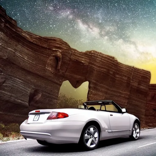 Prompt: realistic photo of man and woman in a convertible car parked near a cliff, gazing at the stars. big dipper. romantic