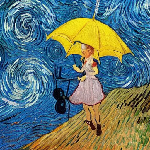 Image similar to girl with an umbrella girl with an umbrella. a walk inside a van gogh painting is a starry night. inside the painting. see everything from the inside. clearly detailed. dramatic.