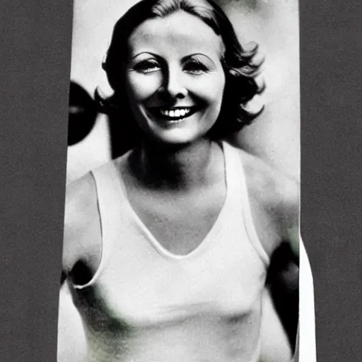Image similar to a 1 9 2 8 color portrait. calm, happy, healthy, smiling, sporty, young, glowing greta garbo in athletic wear with big smile and healthy teeth. realistic, high quality.