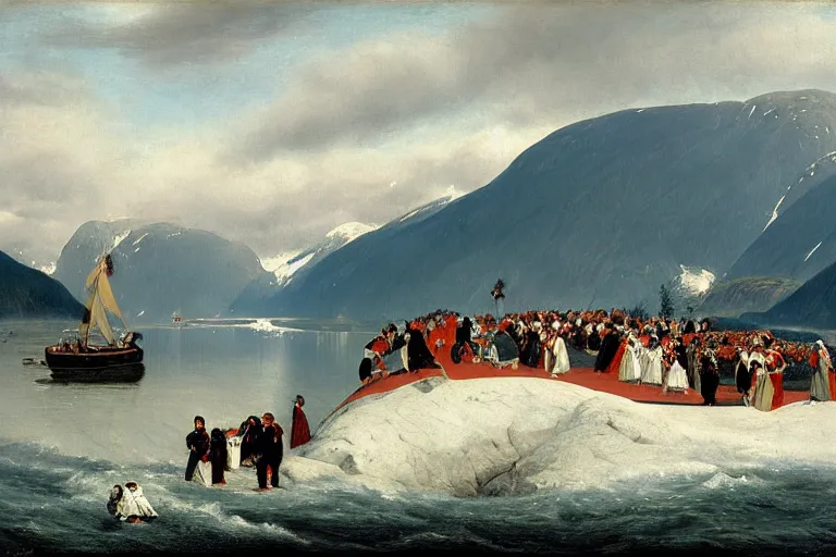 Image similar to a walrus attacking the bridal procession on the hardangerfjord by hans gude, adolph tidemand