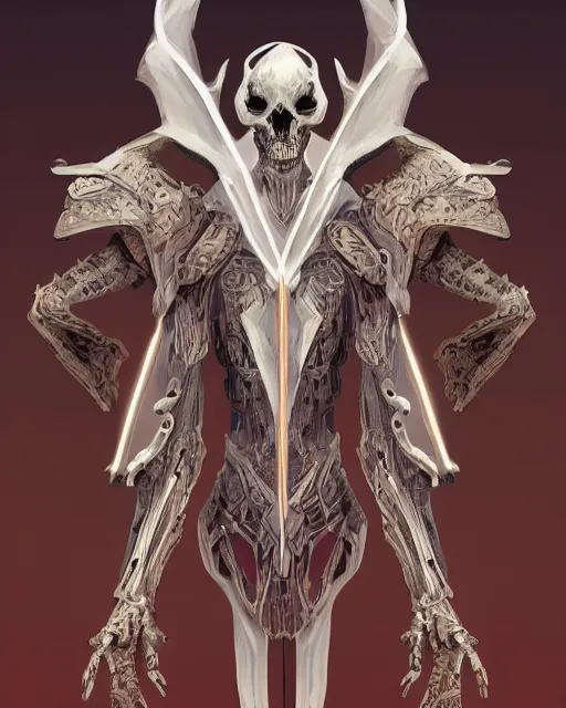 Image similar to warlock armor made of bone and ivory parts conjuring necrotic energy, surrealism, smooth, intricate, elegant, demonic energy, power aura, neon glowing spells, digital painting, artstation, concept art, high tech fantasy, sharp focus, illustration, art by daytoner and vitaly bulgarov