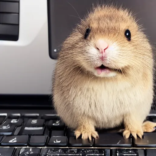 Prompt: fluffy gopher sitting on old computer keyboard,