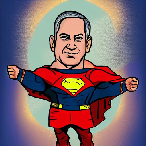 Image similar to a portrait of benjamin netanyahu as a superhero, relistic, 1 0 0 mm