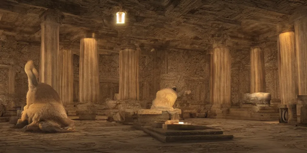 Prompt: temple of big chungus photorealistic interior 8k, statue in a candlelit hall
