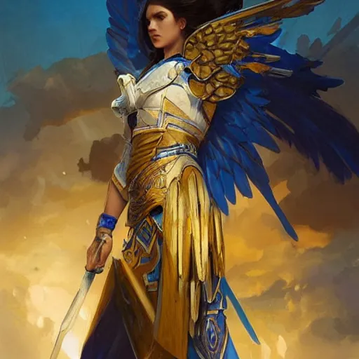 Image similar to ukrainian warrior of light with angel wings, blue and yellow flag, highly detailed, digital painting, artstation, concept art, smooth, sharp focus, illustration, cinematic lighting, art by artgerm and greg rutkowski and alphonse mucha