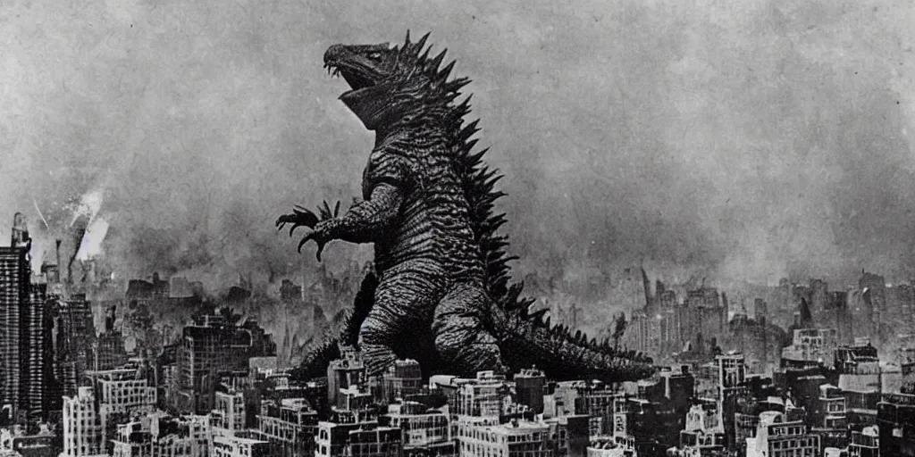 Image similar to “Godzilla attacking New York, 1900’s photo”