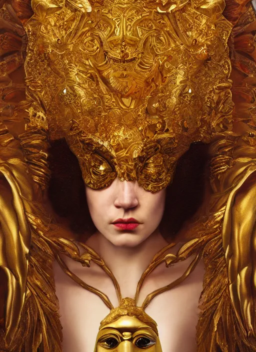 Image similar to highly detailed oil painting | very intricate | cinematic lighting | award - winning | golden baroque tiki mask fashion by alexander mcqueen | by roberto ferri, by tom bagshaw, by j. c. leyendecker and klimt, american romanticism, by austin osman spare, artstation, cgsociety, official art, octane