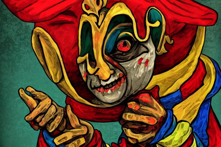 Image similar to medieval jester, colorful, sinister, digital art,