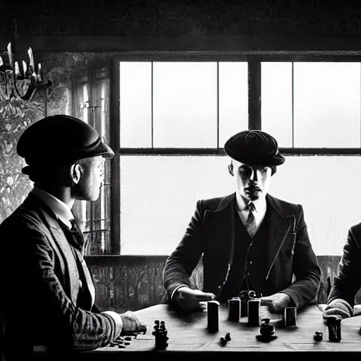 Prompt: a scene from peaky blinders, medium long shot, 3 / 4 shot, full body picture of cillian murphy and tom hardy, sharp eyes, serious expressions, detailed and symmetric faces, black and white, playing poker in an abandoned hut, epic photo by talented photographer ansel adams