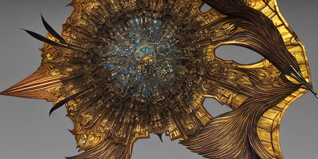 Prompt: beautiful physical hyper detailed render of a huge mega moon bow weapon, symmetric, the style of louis comfort tiffany, pascal blanche, zigor samaniego, paul pepera, ellen jewett, weapon design, perfect shadow, mechanics, feather, wing, exquisite, gradient, structure, c 4 d, 3 d render, unreal engines, atmospheric lighting, 4 k hd