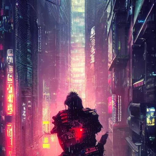 Prompt: a painting of cyberpunk tokyo ultra realistic, colour, concept art, intricate details, night, thunder, raining, eerie, highly detailed, dark fantasy, photorealistic, octane render, 8 k, unreal engine 5. art by artgerm and craig mullins, greg rutkowski and bill sienkiewicz