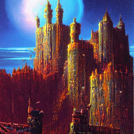 Prompt: a large walking castle by paul lehr