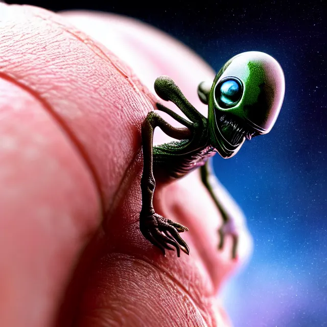 Image similar to a close up view of a tiny alien creature sitting on a finger tip, a macro photograph, featured on cg society, macro lens, ultra detailed, macro photography, atmospheric lighting, intricate, volumetric lighting, beautiful, sharp focus, in the art style of marc simonetti, bowater charlie and brom gerald, astrophotography